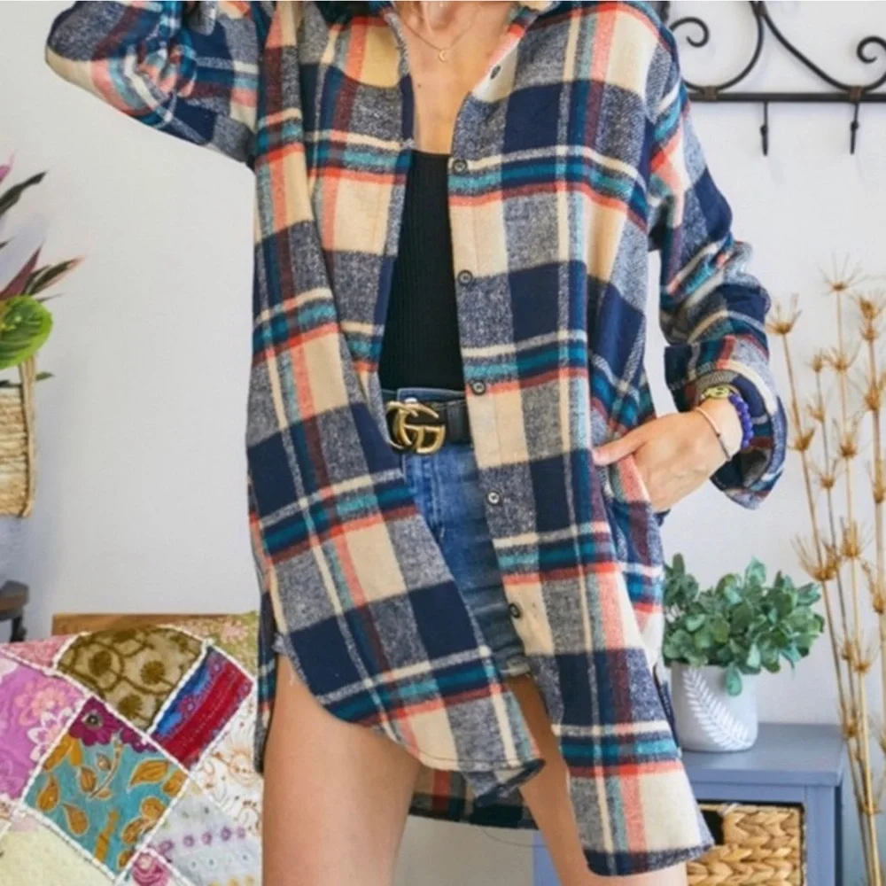 Flannel Plaid Shirt Long Shacket Multi Sizes NWT - Picture 3 of 8